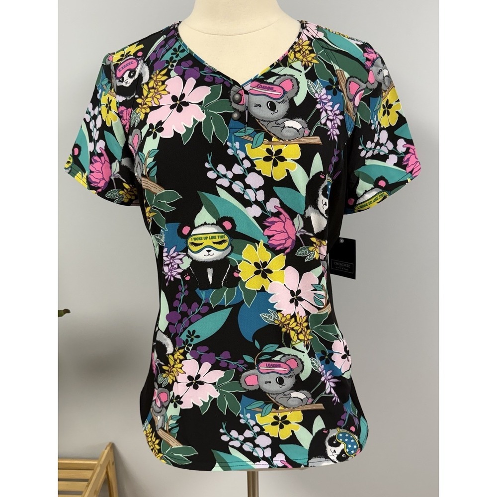 NWT Cherokee iFlex Scrub Top S Koalas & Pandas On Black Scrubs Nurse Vet Tech RN
